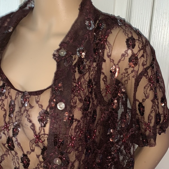 Brown lace sequin beaded button down shirt & Tank top 2 piece Set L - Picture 3 of 12